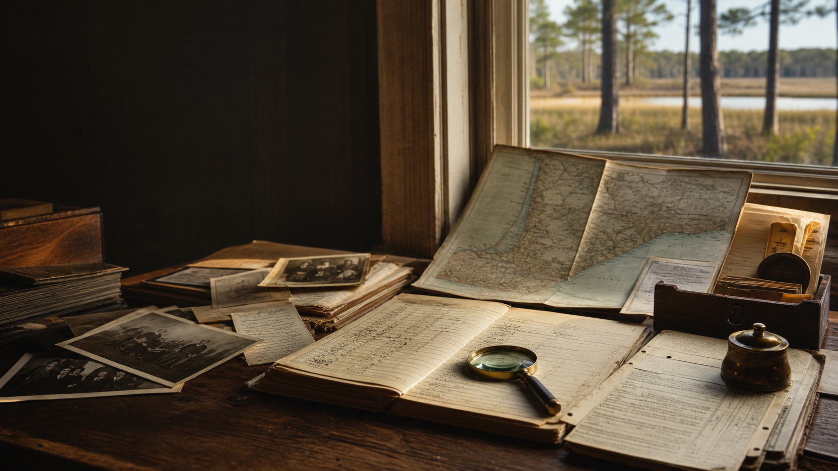 Archive table with photographs, census-style records, maps, and a magnifying glass near a marsh landscape.